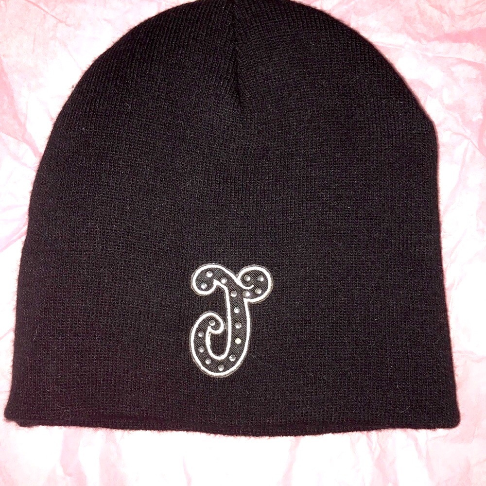 New JUSTICE rhinestone initial J letter knit beanie hat skull cap black warm